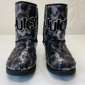 JUICY COUTURE Women’s Kookily Boots Black Animal Print Sequin Faux Fur Lining 7M